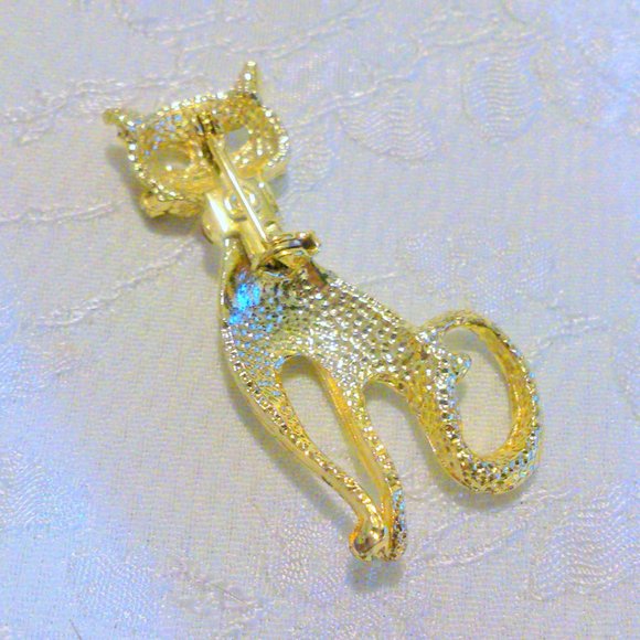 Vintage Gold Tone Rhinestone Accented Cat Brooch - Picture 4 of 4